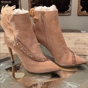 Jimmy Choo Beige Feather and Crystal Ankle Boots